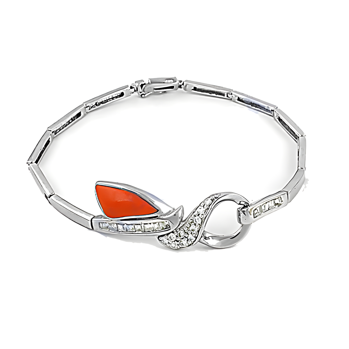 Sterling silver bracelet with coral and diamond accents on a white background