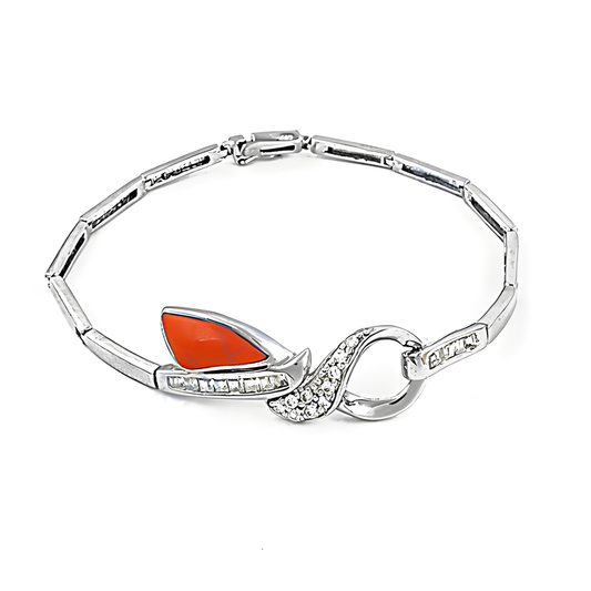 Designer Cubic Zirconia & Synthetic Coral Gemstone Silver Bracelet Wonderful Cz Bracelet Casual Cz Bracelet