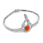 Load image into Gallery viewer, Silver bracelet with a vibrant orange coral stone and sparkling diamonds, an elegant jewelry piece.
