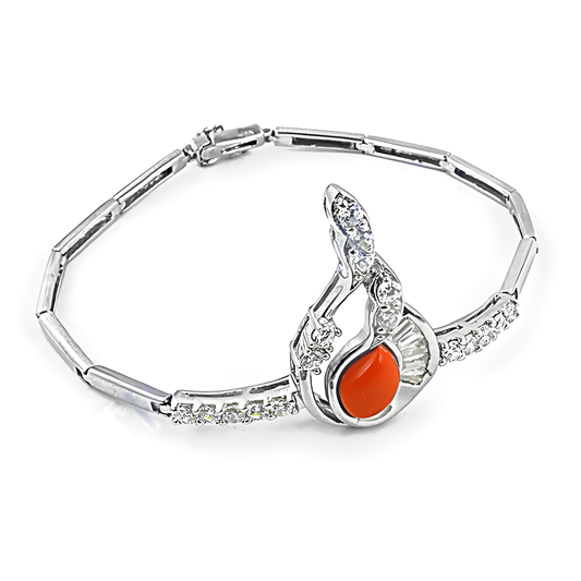 Beautiful Antique Style Cubic Zirconia & Synthetic Coral Silver Bracelet Coolest Cz Bracelet Attractive Cz Bracelet