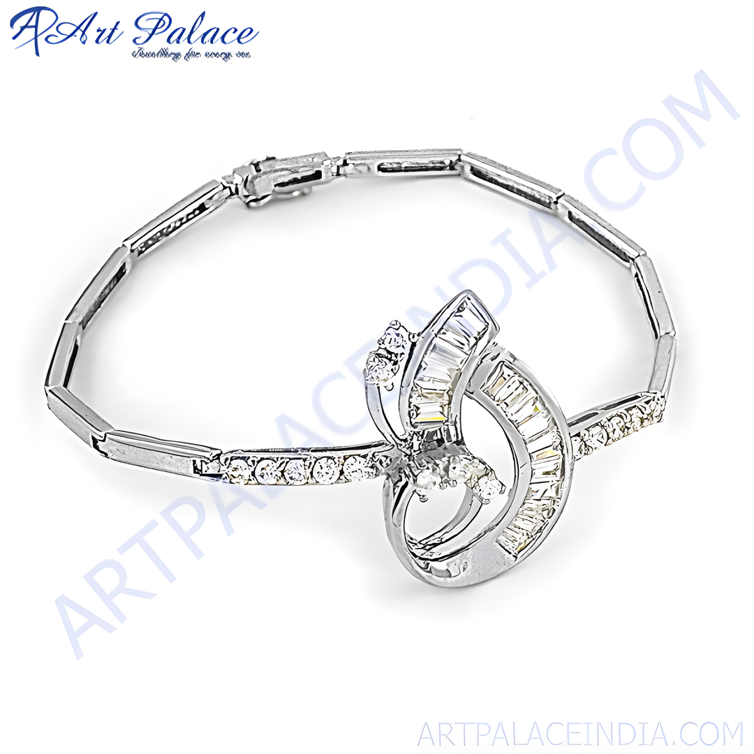 Silver diamond bracelet with a unique design, perfect for party wear and gifting.