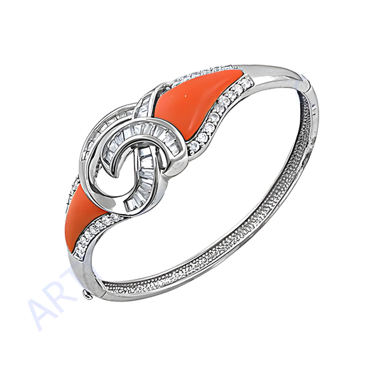 Fashionable Cubic Zircon & Synthetic Coral Gemstone 925 Sterling Silver Bracelet Jewelry