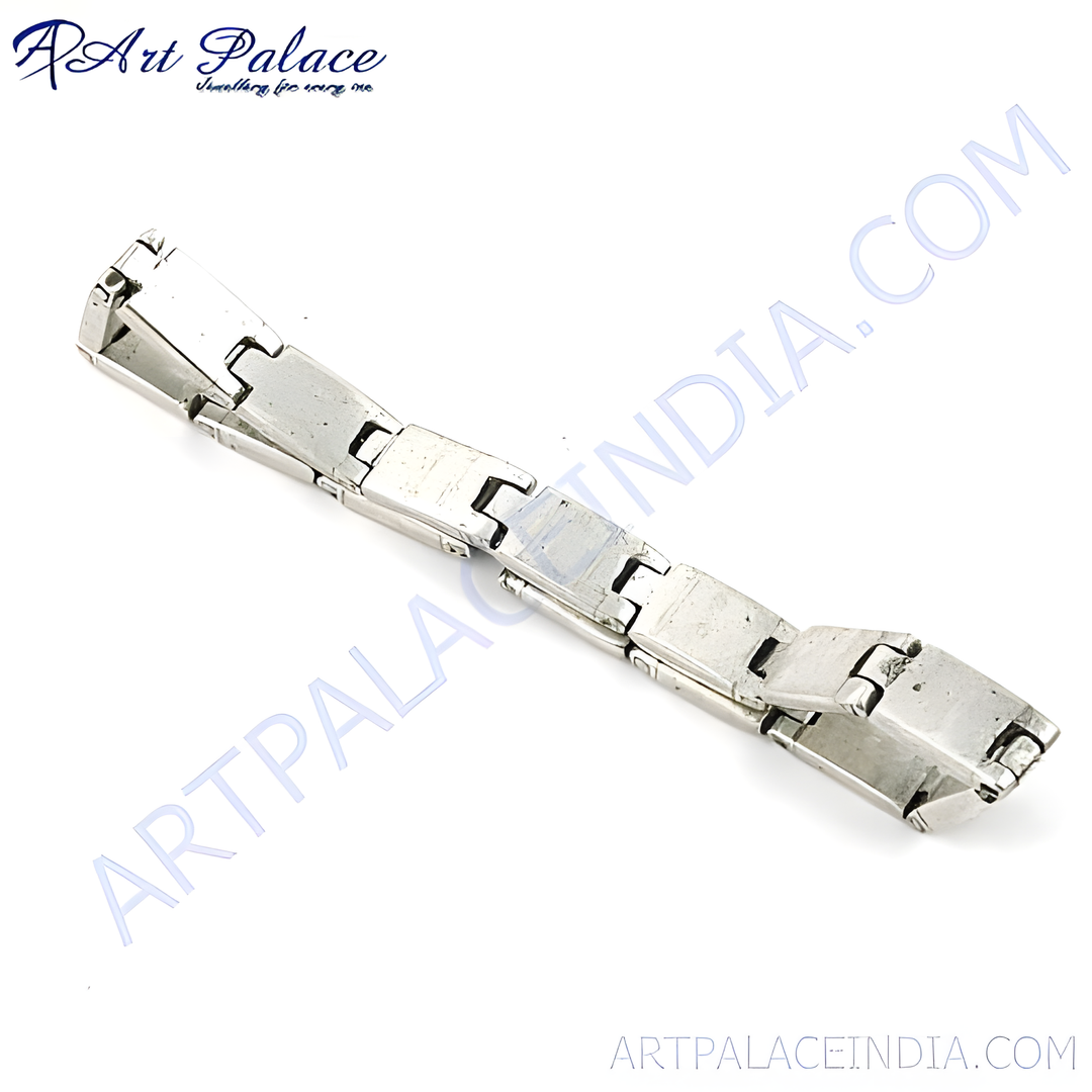 Silver geometric link chain bracelet on a white background, perfect for men's daily wear.