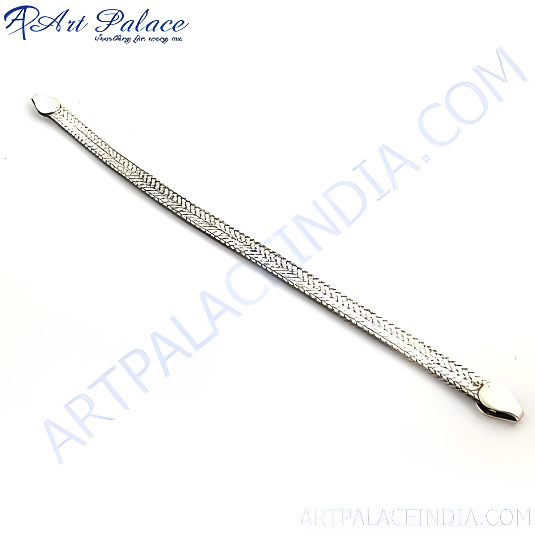 Sterling silver herringbone bracelet with a polished finish, displayed on a white surface.