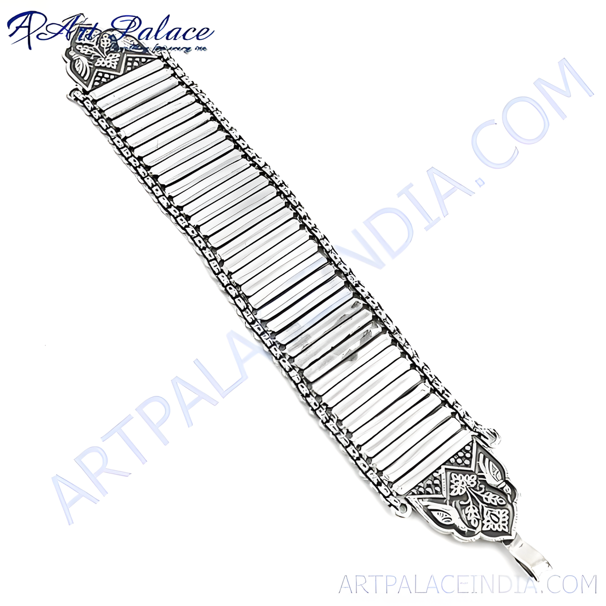 Sterling silver rectangular link chain bracelet with art deco details