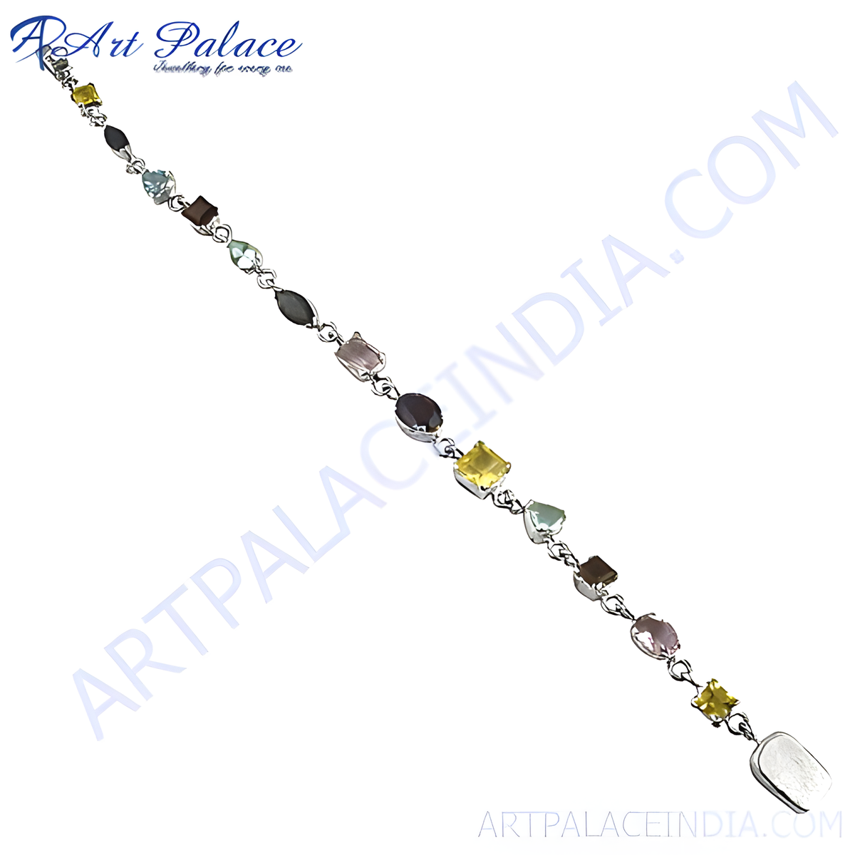 Sterling silver bracelet featuring a variety of colorful gemstones in different shapes
