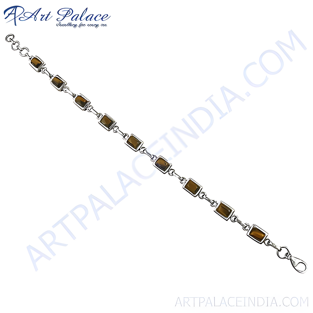 925 sterling silver chain bracelet with rectangular tiger eye gemstones. Brown and silver jewelry for women.