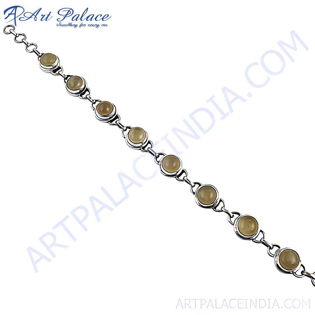 Sterling silver chain bracelet with round moonstone gemstones in bezel settings, for women