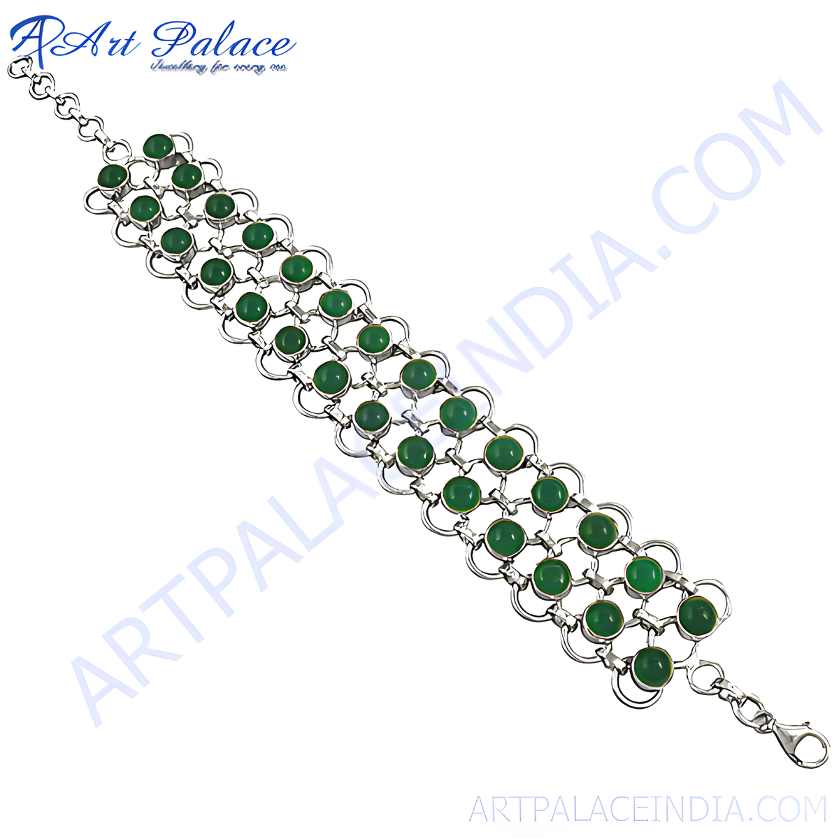 Silver chain bracelet with round, green gemstone accents
