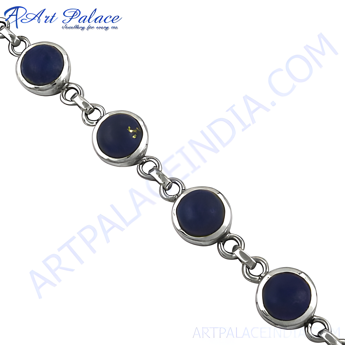 Sterling silver chain bracelet with round blue lapis lazuli gemstones for women