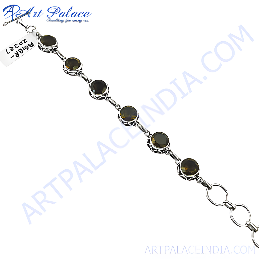 925 sterling silver chain bracelet with round smoky quartz gemstones, ideal for women, elegant design.
