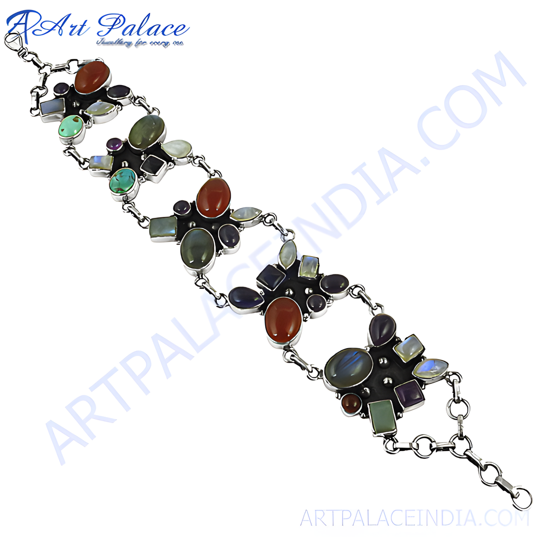 Sterling silver chain bracelet with various colorful gemstones. A stunning piece of jewelry.
