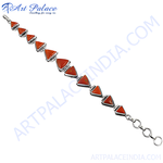 Load image into Gallery viewer, Sterling silver bracelet featuring vibrant red coral triangle stones, perfect for women&#39;s jewelry.
