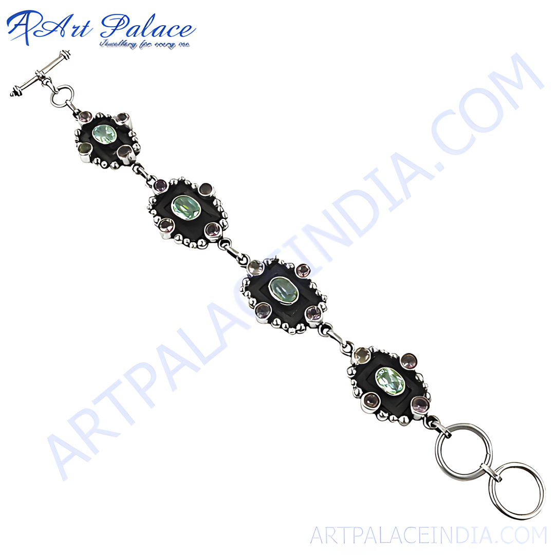 925 Sterling silver gemstone bracelet with various colored gemstones and a secure clasp.