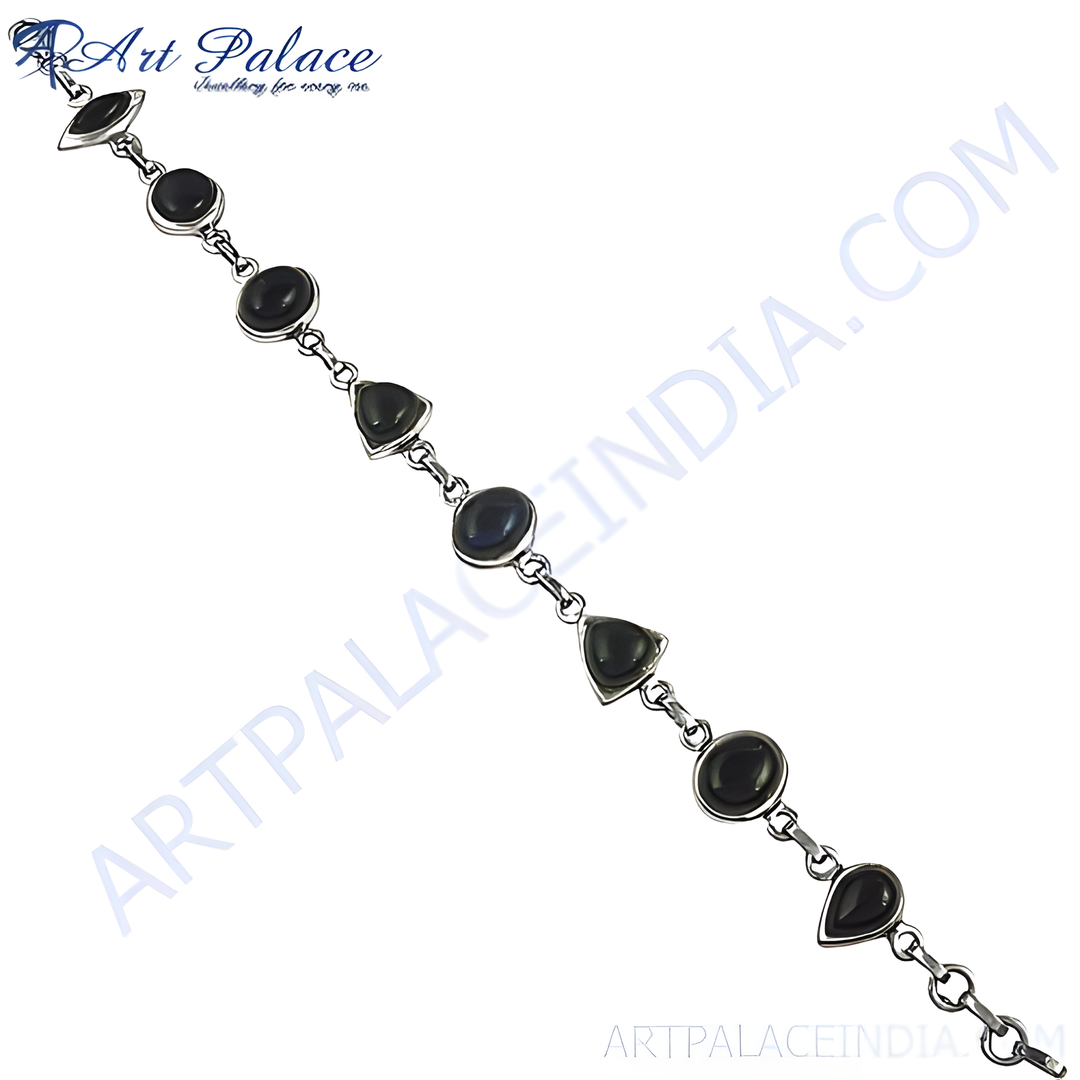 Sterling silver bracelet featuring black onyx gemstones in various cuts, ideal for women's fashion and gifting.