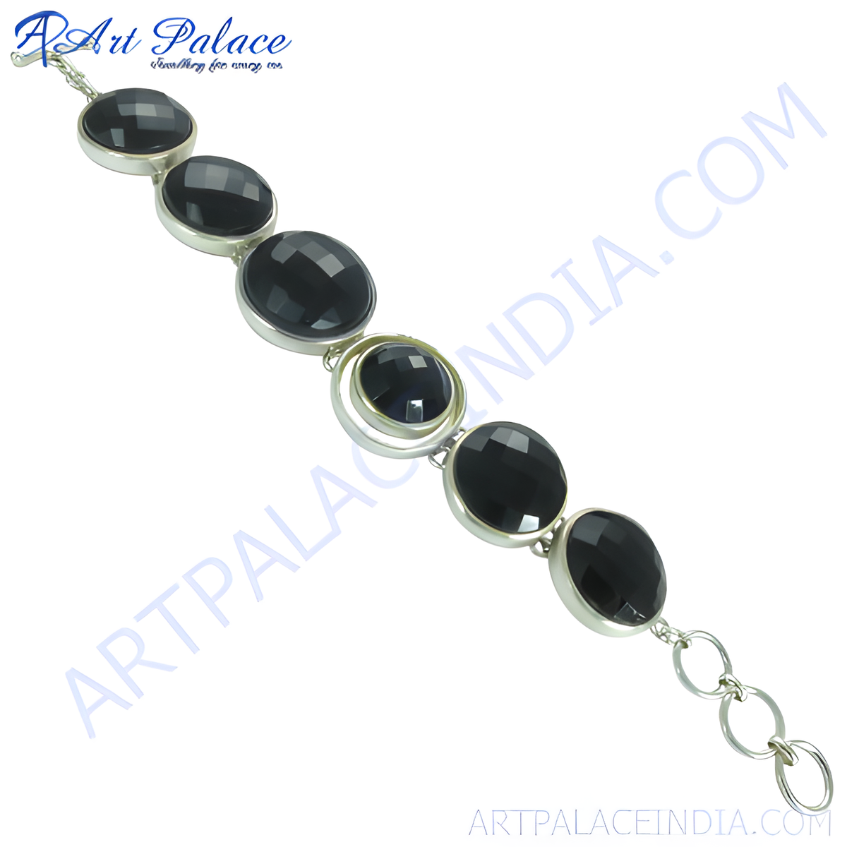 925 sterling silver chain bracelet with oval cut black onyx gemstones for women