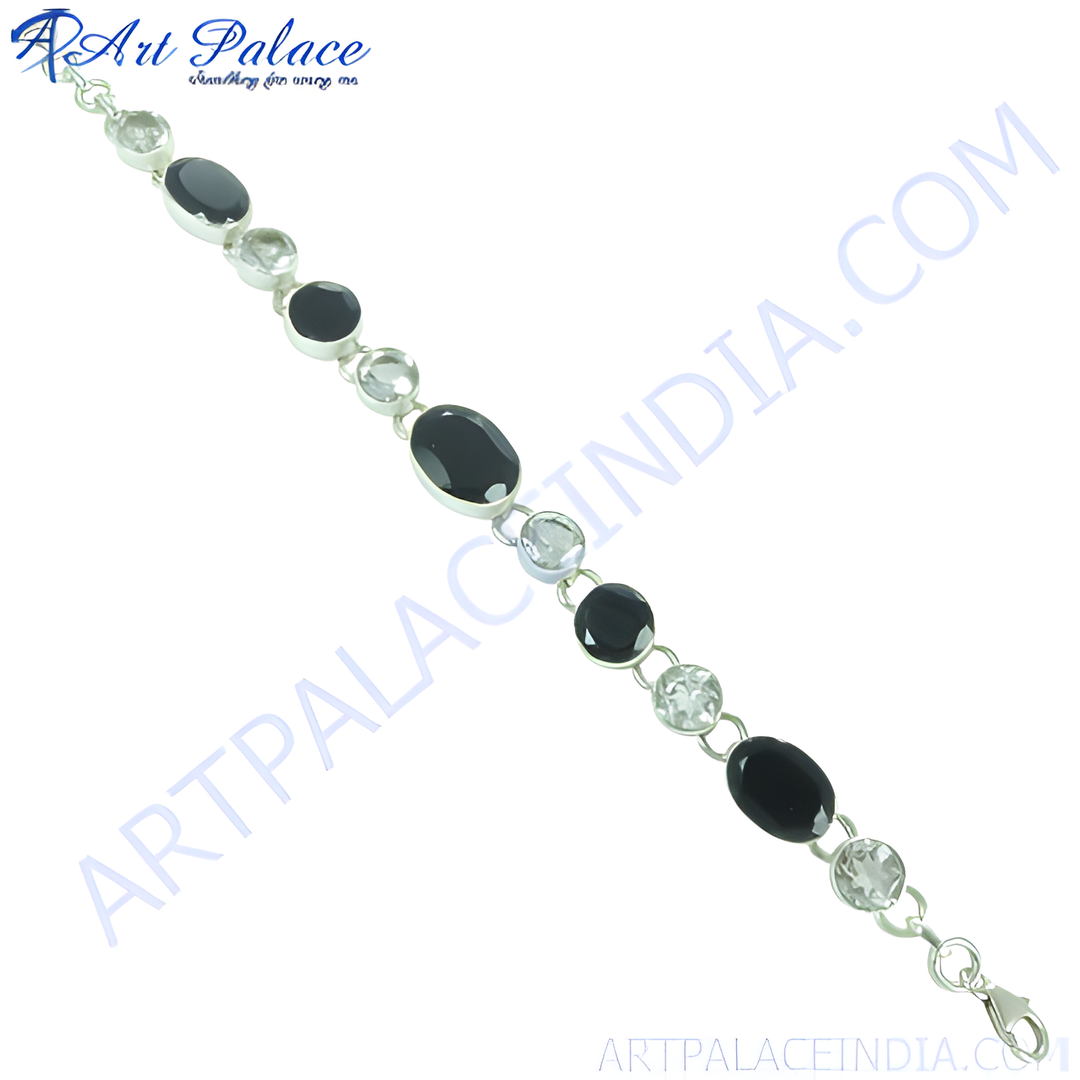 925 sterling silver chain bracelet featuring black onyx and cubic zirconia stones