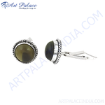 Load image into Gallery viewer, Silver cufflinks with a round gemstone center, perfect for formal wear.
