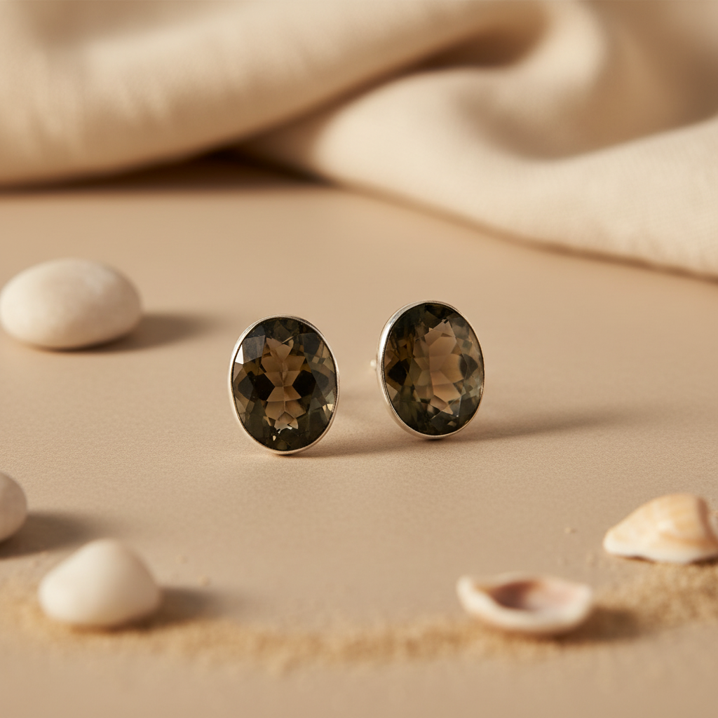 Silver Smoky Quartz Oval Stud Earrings | Women's Jewelry