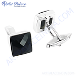 Load image into Gallery viewer, Silver cufflinks with square black onyx gemstones, perfect for men&#39;s formal wear.

