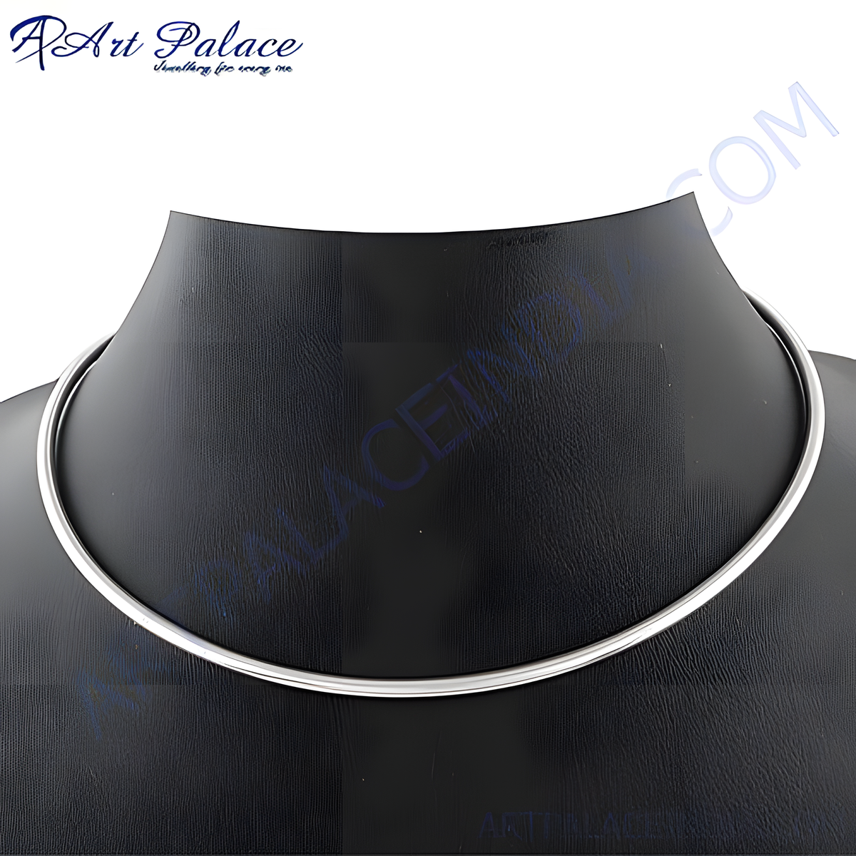 A sleek silver choker necklace made of 925 sterling silver, displayed against a black mannequin