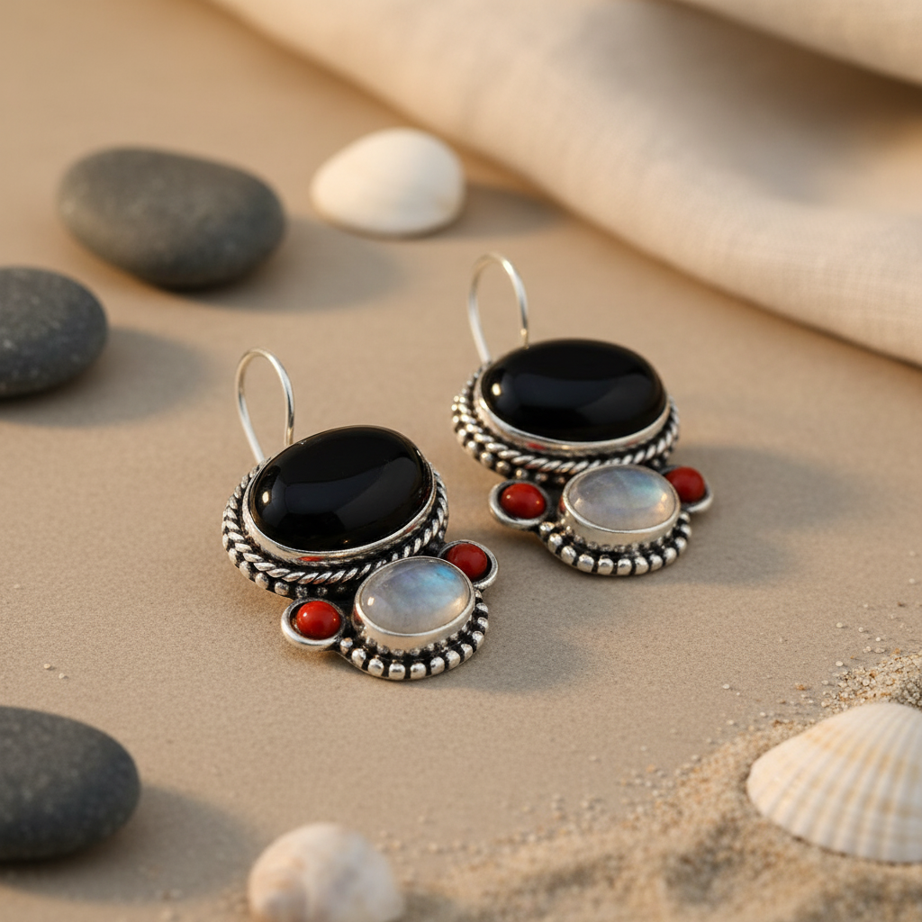 925 Silver Onyx & Moonstone Earrings for Women | Gemstone Jewelry