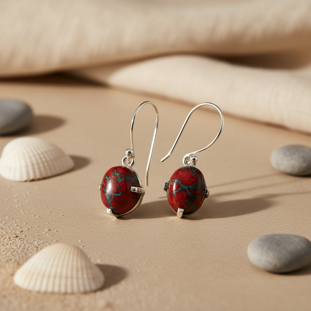 Red Jasper Stone Earrings in Silver for Women | Daily Wear
