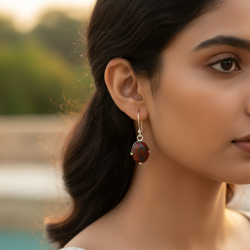 Red Jasper Stone Earrings in Silver for Women | Daily Wear