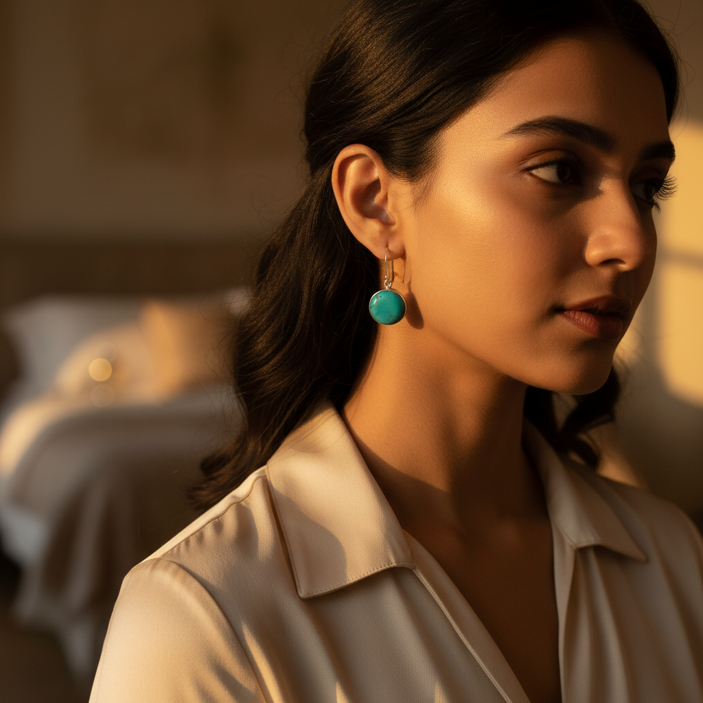 925 Silver Turquoise Stone Earrings | Round Gemstone Jewelry