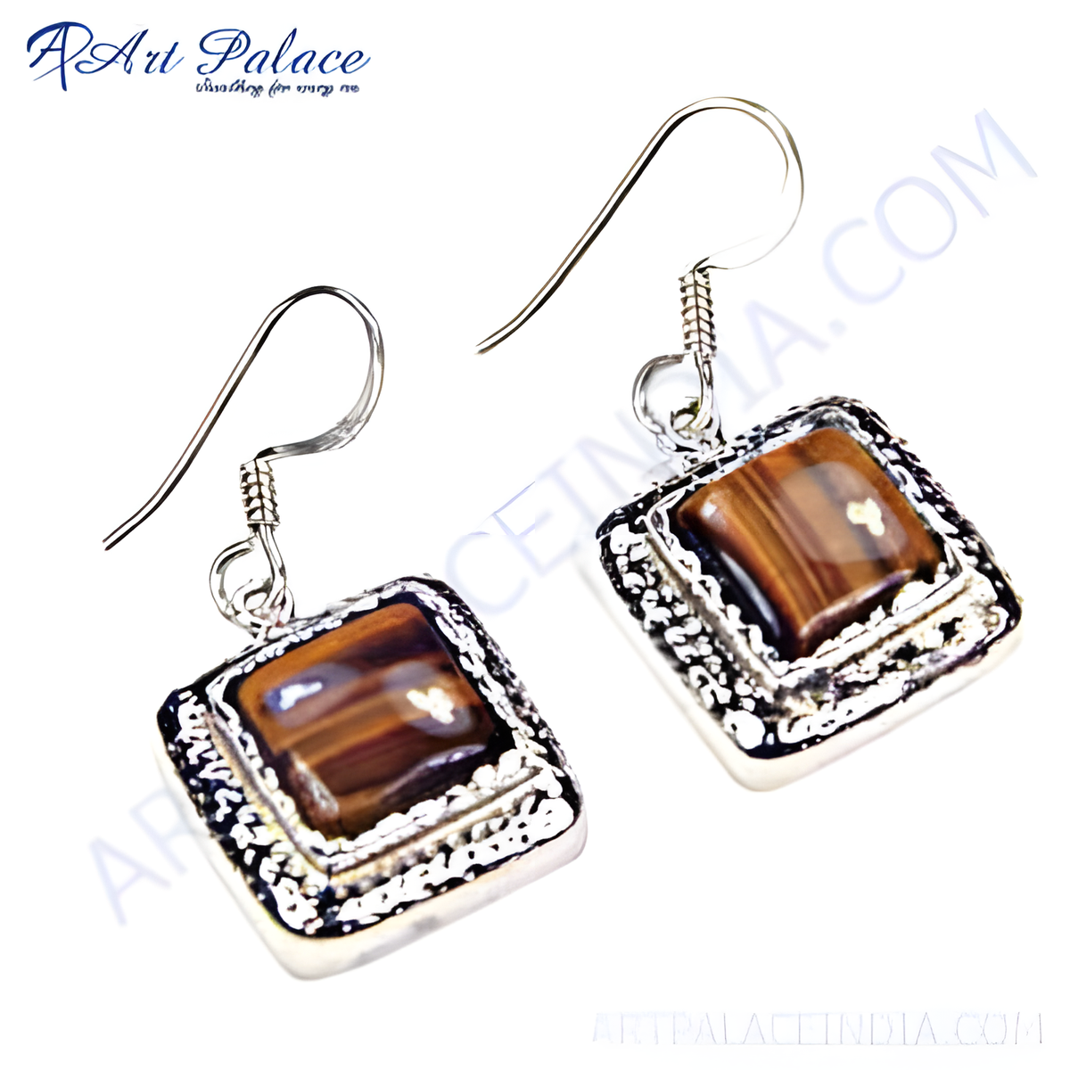 925 sterling silver dangle earrings with square cut tiger eye gemstones in brown and gold plating tones