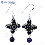 Load image into Gallery viewer, 925 sterling silver drop earrings with dark purple amethyst stones and small white stones
