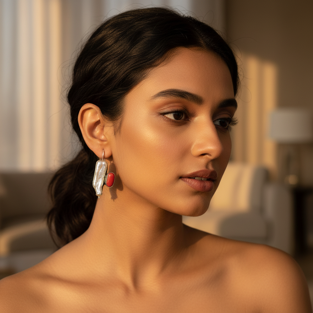 Silver Pearl & Red Coral Earrings for Women | Statement Jewelry