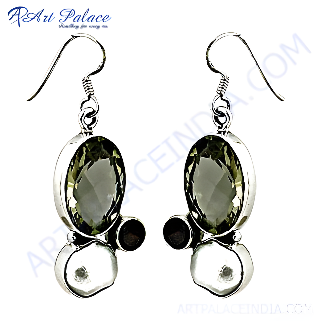 925 sterling silver drop earrings featuring oval green amethyst gemstones and a smaller accent stone