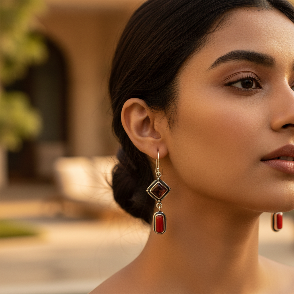 925 Silver Garnet & Coral Drop Earrings | Gemstone Jewelry for Women