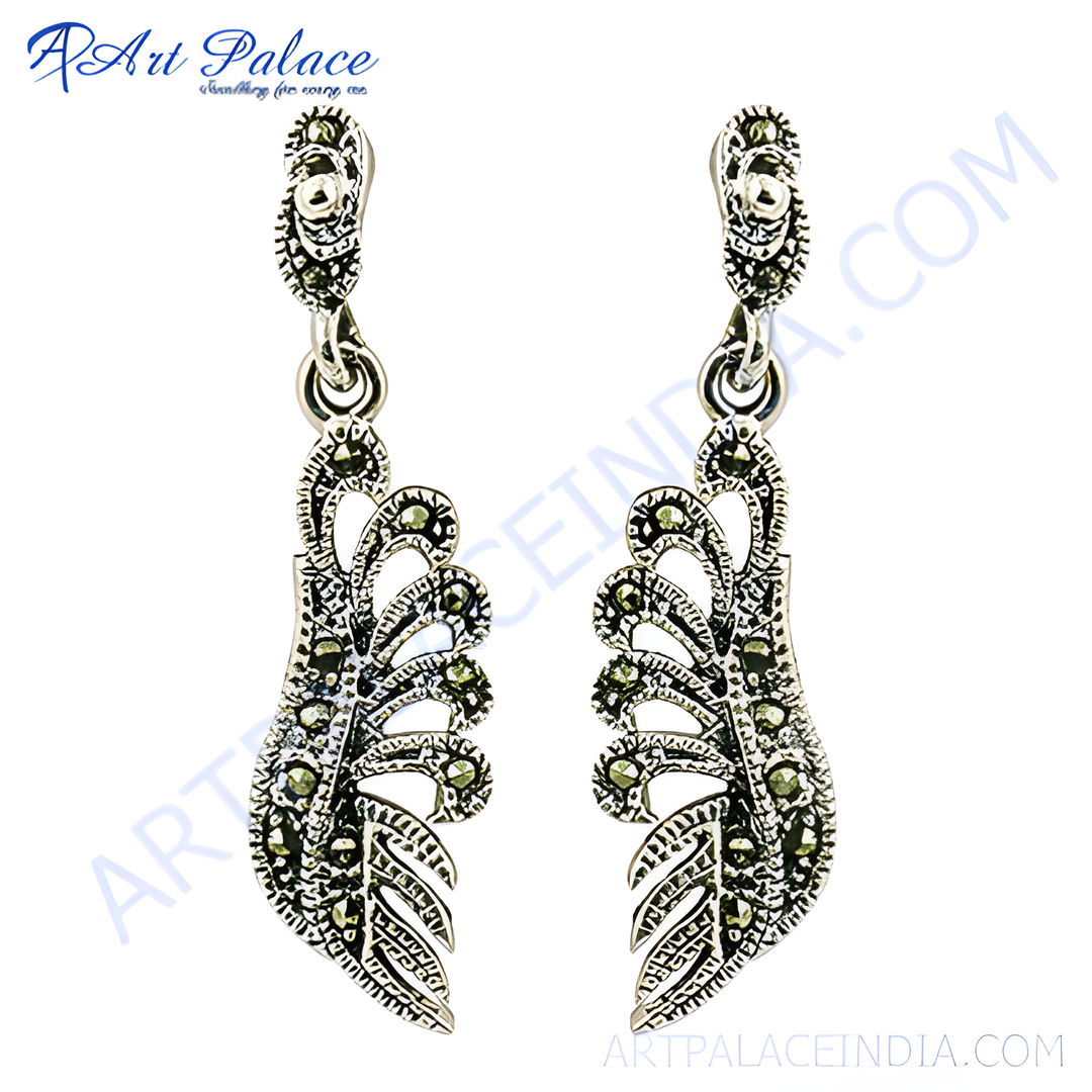 925 sterling silver dangle earrings featuring a marcasite leaf design, silver color, and stylish look.