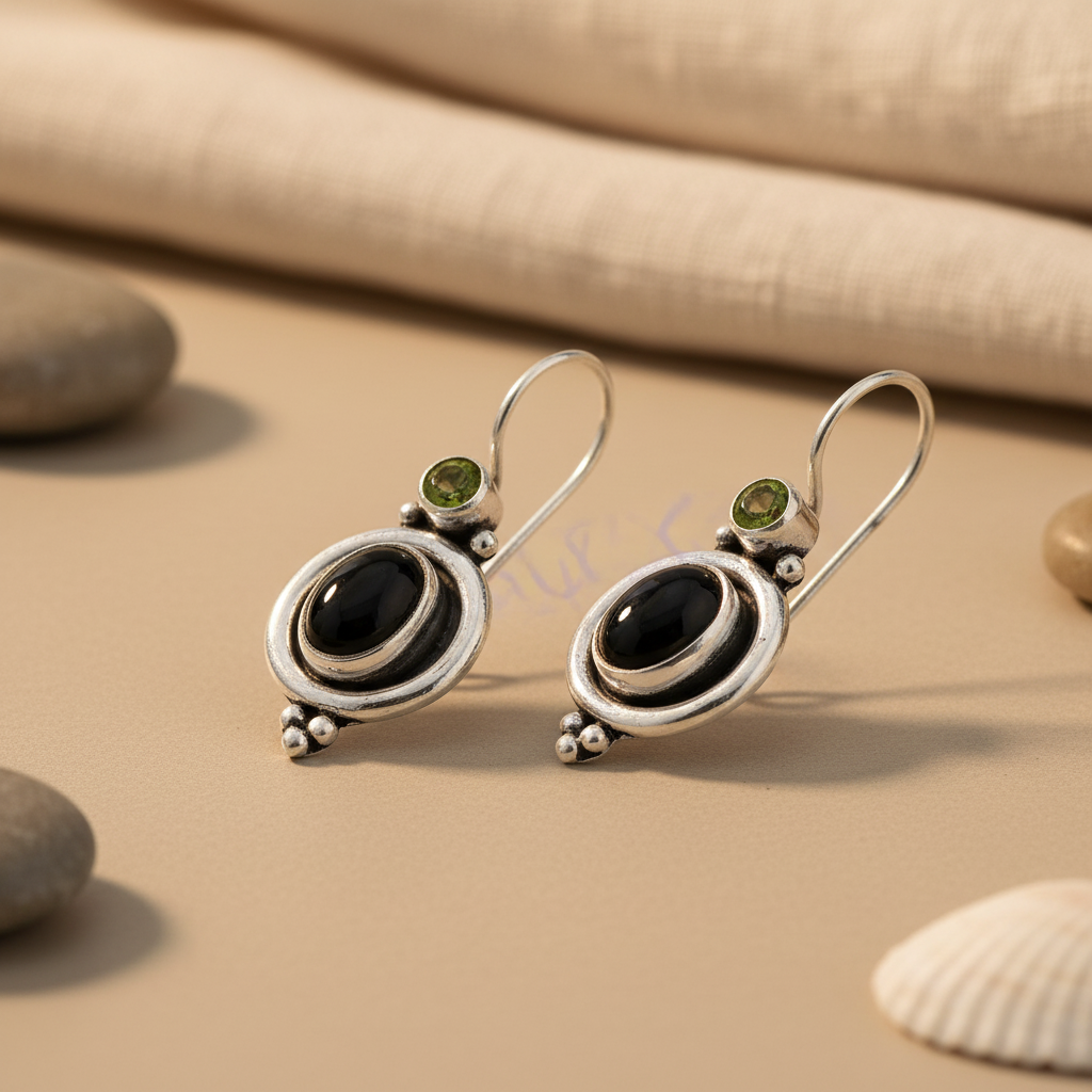 925 Sterling Silver Black Onyx & Peridot Earrings for Women