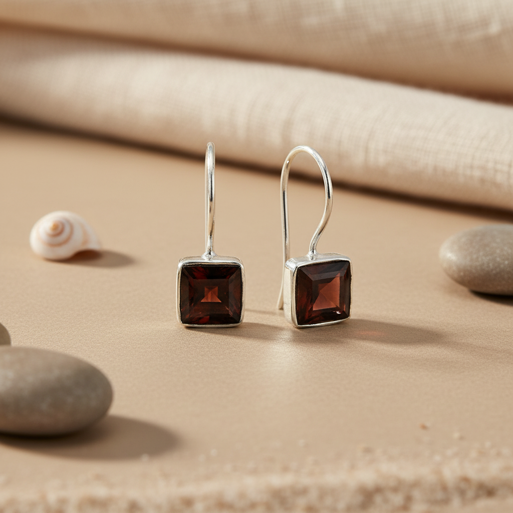 925 Silver Square Garnet Earrings for Women | Gemstone Jewelry