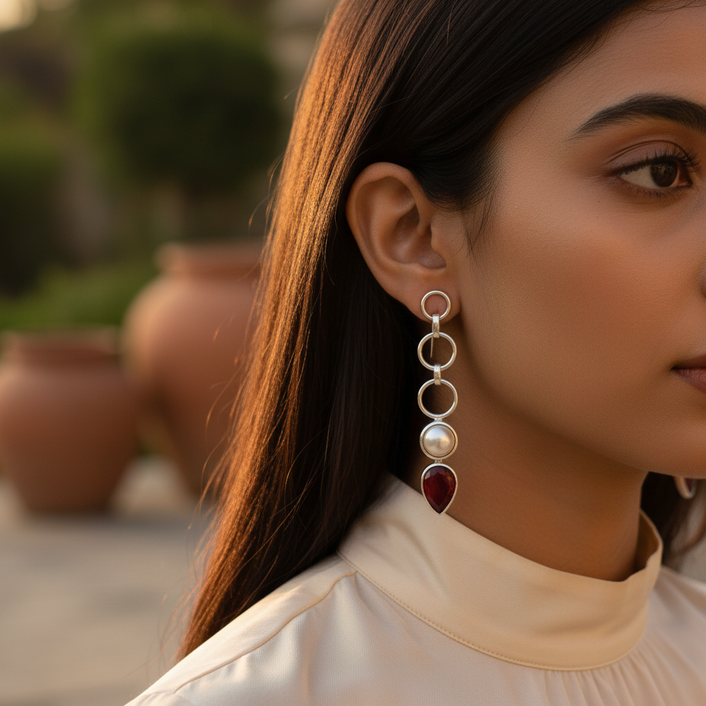 925 Silver Pearl & Red Gemstone Earrings for Women