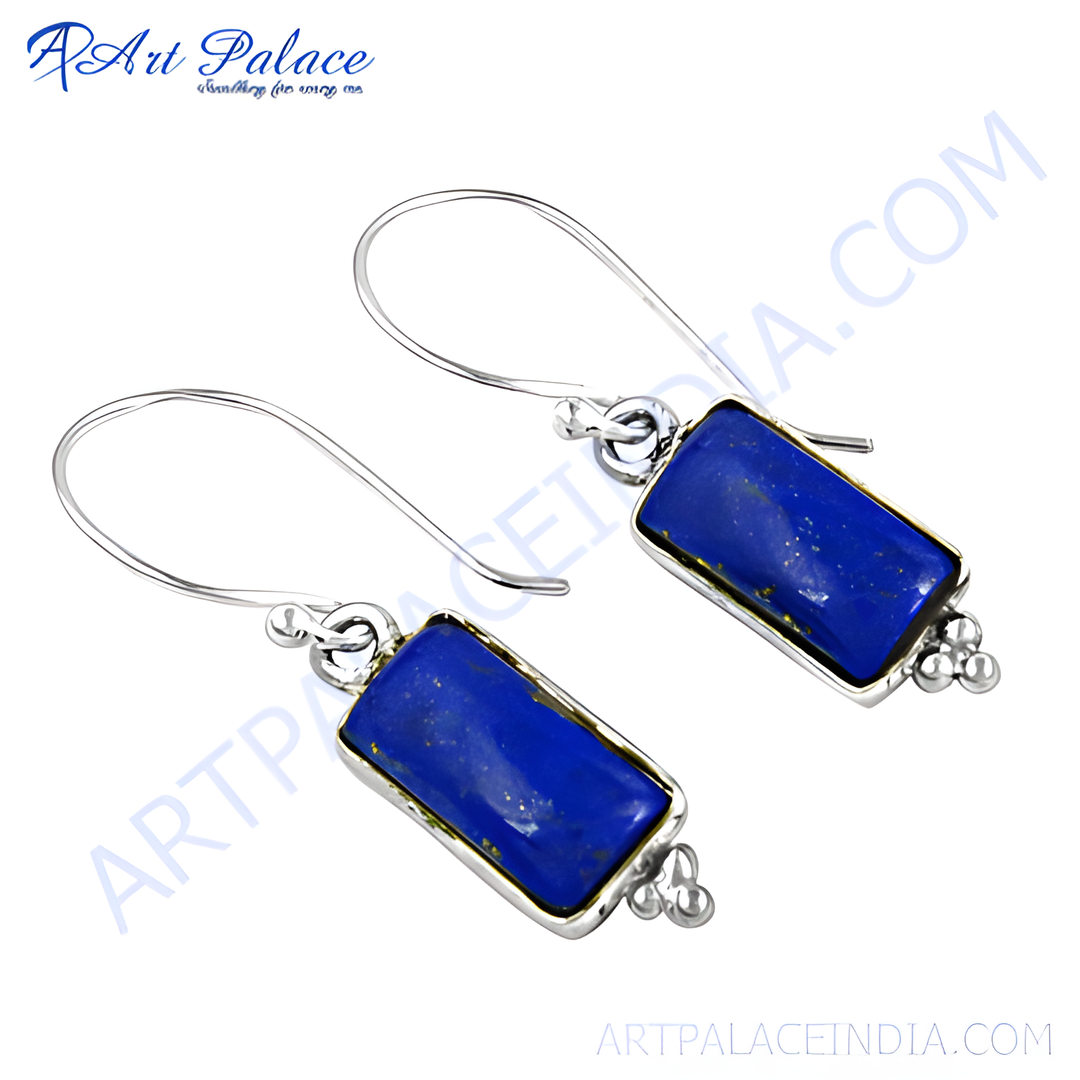 925 sterling silver drop earrings with rectangular lapis lazuli gemstones, featuring a deep blue color.