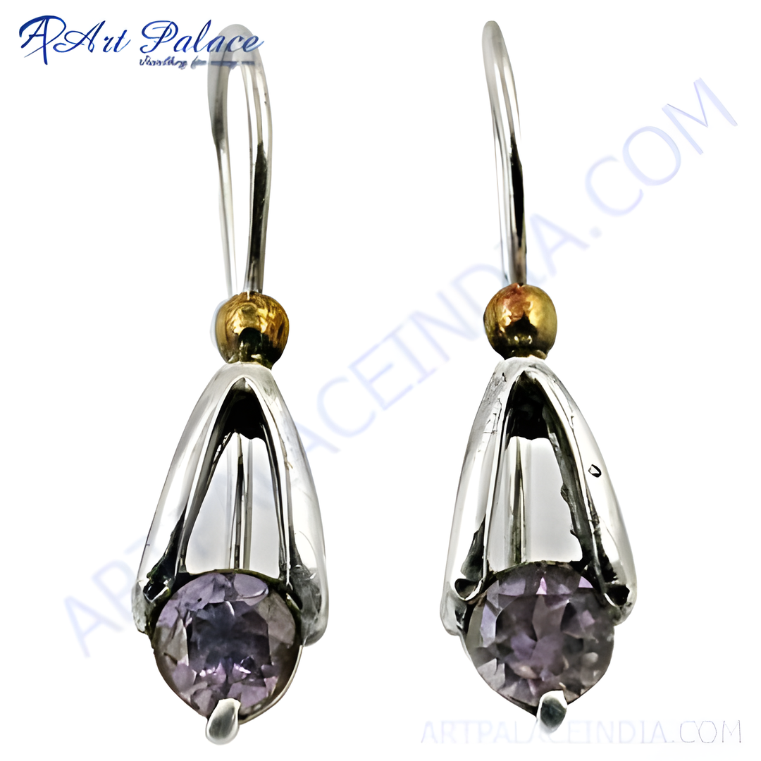 925 sterling silver drop earrings with round-cut amethyst gemstones, featuring a gold plating accent