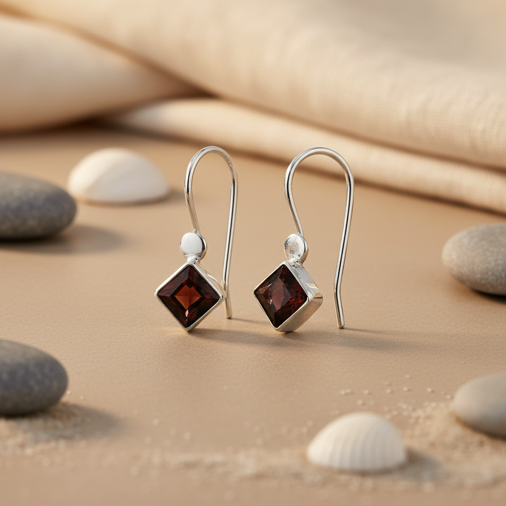 925 Silver Garnet Square Drop Earrings for Women | Gift