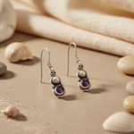 将图像加载到图库查看器中， 925 Silver Amethyst &amp; Pearl Drop Earrings for Women
