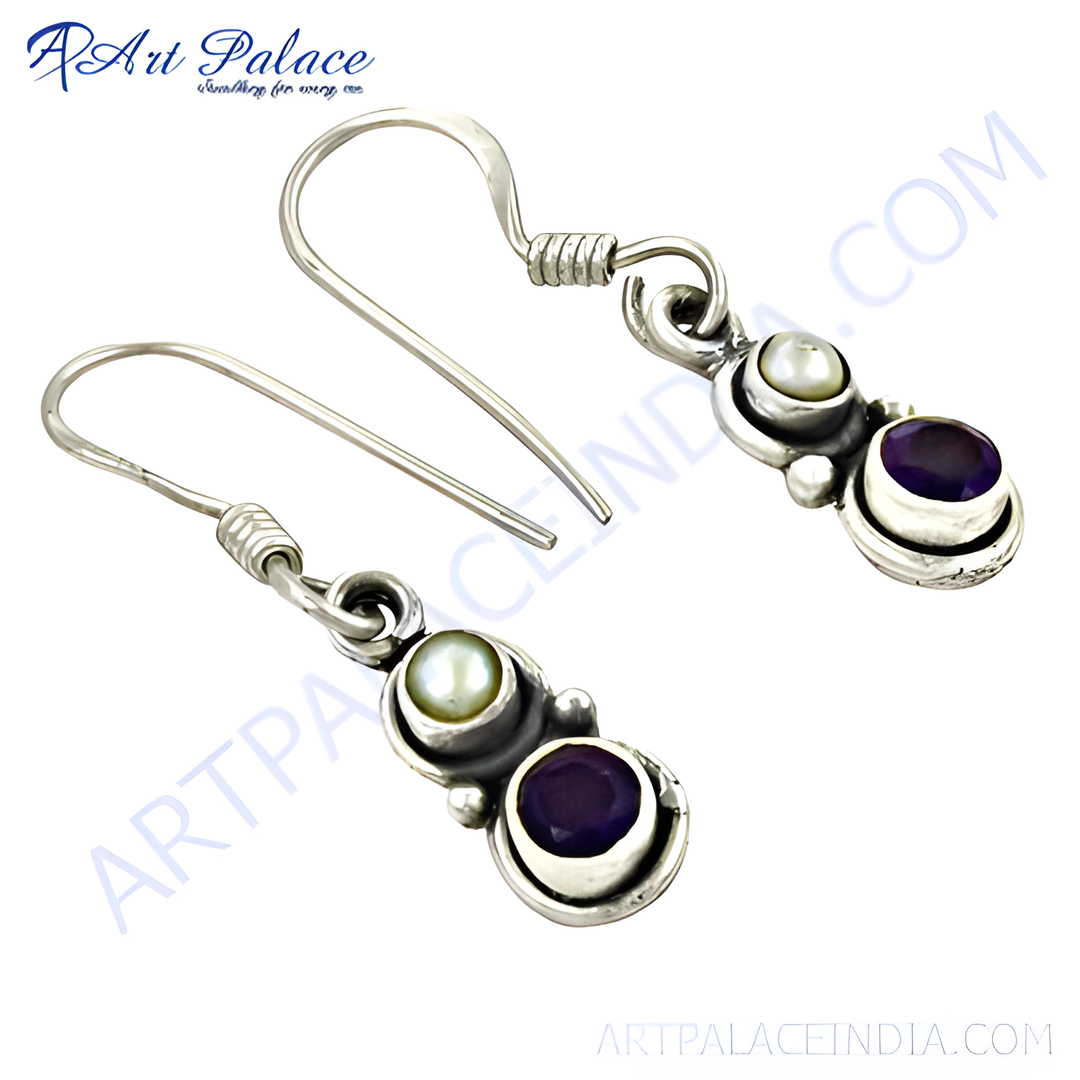 925 sterling silver drop earrings with pearl and amethyst gemstones, elegant jewelry