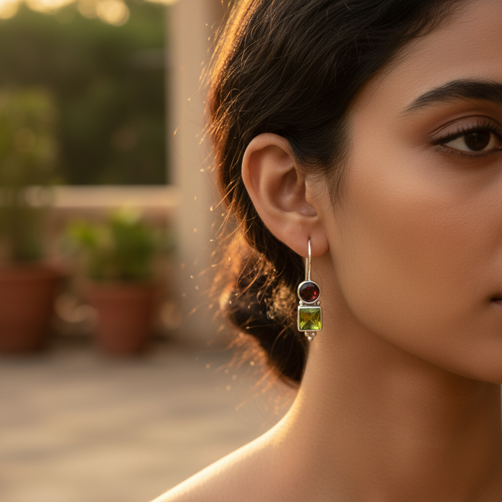 925 Silver Peridot & Garnet Drop Earrings for Women