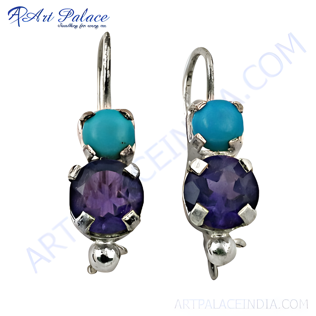 Sterling silver drop earrings with blue turquoise and purple amethyst gemstones