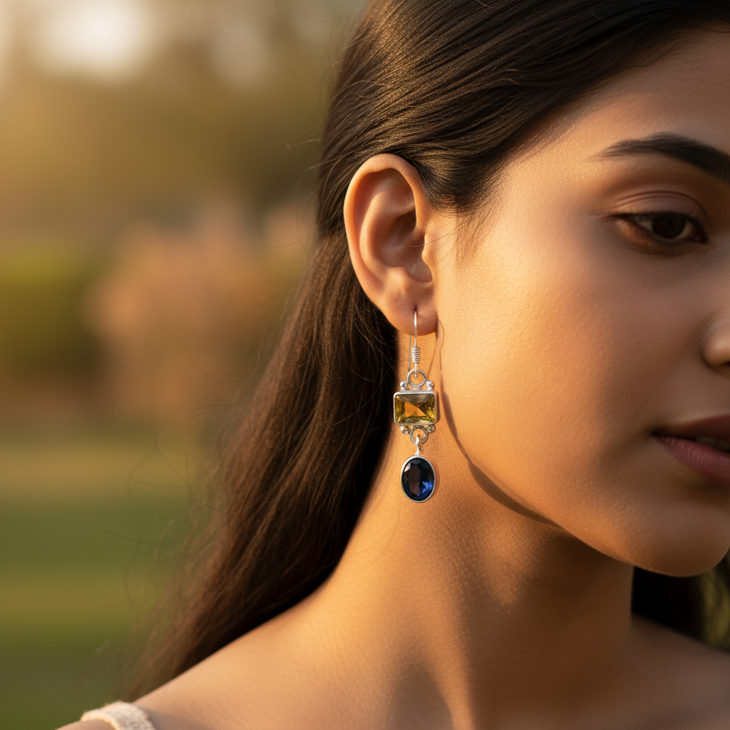 925 Silver Citrine & Onyx Drop Earrings | Gemstone Jewelry