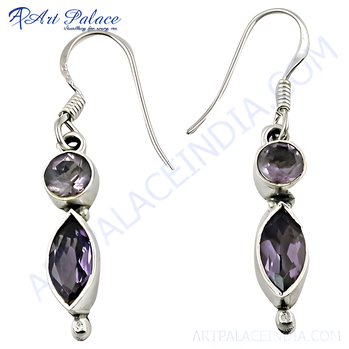 925 sterling silver drop earrings with marquise cut and round amethyst gemstones in purple