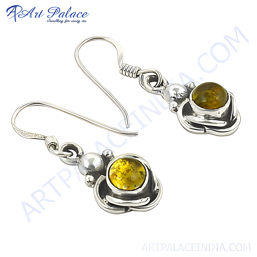 925 sterling silver drop earrings with natural amber gemstones, showcasing a unique design.
