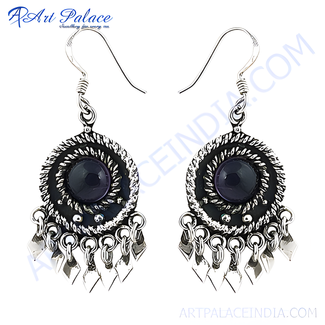 925 sterling silver dangle earrings with a purple amethyst gemstone center and intricate silver detailing.
