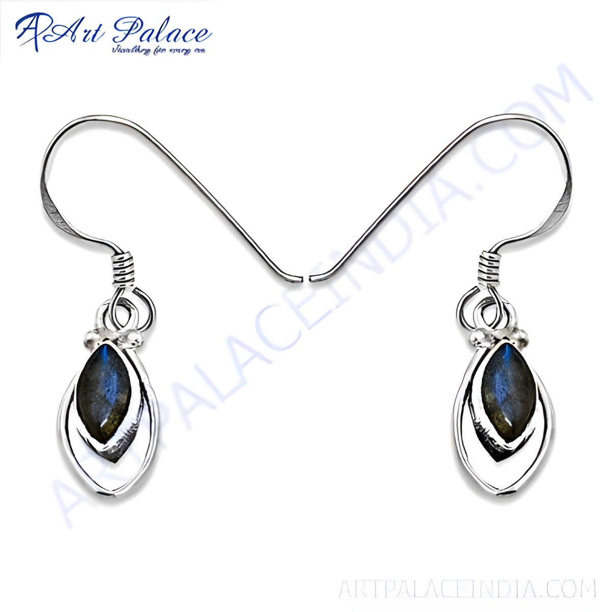 Sterling silver dangle earrings with oval shaped labradorite gemstones and a unique design
